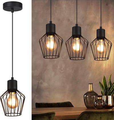 Glitzerlife - Hanglampen - 1xE27 - Retro Industrieel Design - Metaal Materiaal - Hoogte Instelbaar - Ø12cm - Zwart - Hanglamp Eetkamer Keuken Woonkamer - Hanglampen Eetkamer Industrieel Retro
