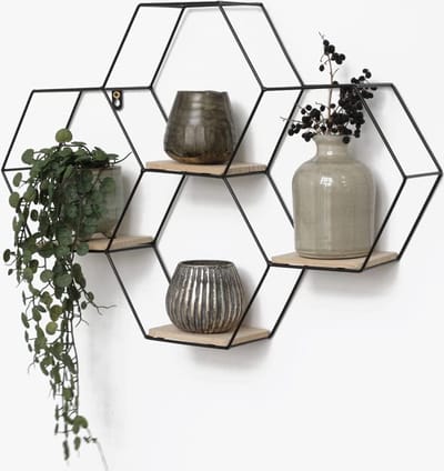 Framehack - Honingraat-vormig wandrek van metaal, 4 houten planken, 40,5 x 58 cm, zwart, hangend wandrek voor woonkamer, woonkamer, wanddecoratie, zeshoek