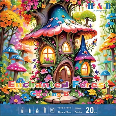 Enchanted Forest Kleurboek voor Volwassenen, Tieners en Kinderen - 20 Unieke Sprookjes Kleurplaten - Magische Huisjes, Fantasiebos & Paddenstoelen - 20x20 cm