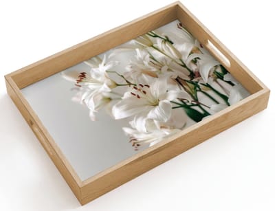 Dienblad hout 40x30 cm - Schootdienblad - Lelies - Boekte - Wit - Meeldraden - Borrelplank rechthoek - Plateau dienbladen