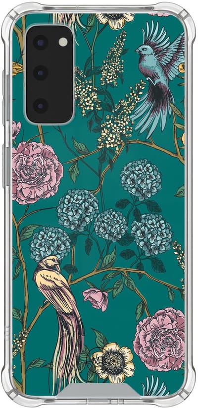 Hoesje (shockproof) geschikt voor Samsung Galaxy S20 FE - Vogels Japanse bloemen - Extra sterke case - TPU/polycarbonaat - Bloemen - Groen, Transparant