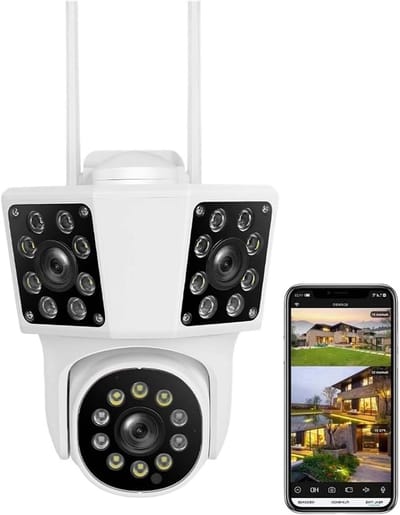 Externe IP-camera - Beveiligingscamera WiFi - Huisbewaking Buiten - Dubbele Lens Dubbel Scherm - 8MP FHD - Wit