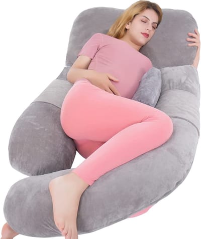Extra groot U-vormig lichaamskussen, 152 cm, borstvoeding, moederschap en zwangerschap, met afneembare kant, apart steunkussen en afneembare hoes (grijs)