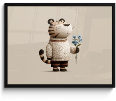 Poster in lijst - Fotolijst 70x50 cm - Posters - Tijger - Blauwe bloemen - Rustig - Posterlijst zwart - Decoratie - Wanddecoratie woonkamer - Muurdecoratie slaapkamer