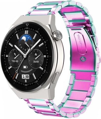 Strap-it Stalen schakel bandje - geschikt voor Huawei Watch GT / GT 2 / GT 3 / GT 3 Pro 46mm / GT 4 46mm / GT 5 & 5 Pro (46mm) / GT 4 46mm / GT 5 & 5 Pro (46mm) / GT 2 Pro / GT Runner / Watch 3 - Pro / Watch 4 (Pro) / Watch Ultimate - regenboog