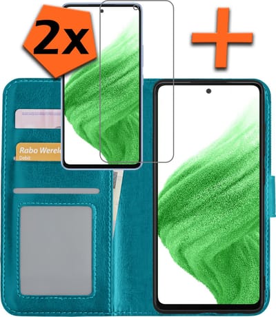 Hoes - Met 2x Screenprotector - Geschikt voor Samsung Galaxy A53 - Luxe Pasjeshouder - Bookcase Portemonee - Flip Case - Kunstleer Book Case - Flipcase Hoes - Book Cover - Walletcase - PortemonneeHoes - Turquoise
