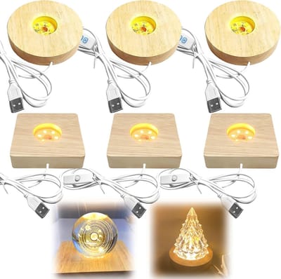 Houten voetstukken set van 6, ronde en rechthoekige LED lampen, verstelbare basis, USB verlichting, geschikt voor kristallen bollen