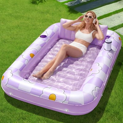 Paars-Witte Bloemen Opblaasbare Waterbed met Ingebouwd Bad (met 2 Drinkhouders en Hoofdsteun) – Luxe Drijfmat voor Zwembad en Tuin