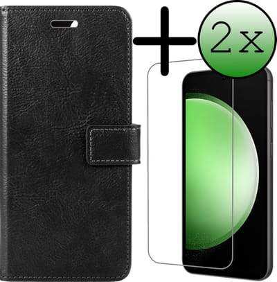 Hoesje Met 2x Screenprotector - Geschikt voor Samsung Galaxy S23 FE - Luxe Pasjeshouder - Bookcase Portemonee - Flip Case - Kunstleer Book Case - Flipcase Hoes - Book Cover - Walletcase - Portemonneehoes - Zwart