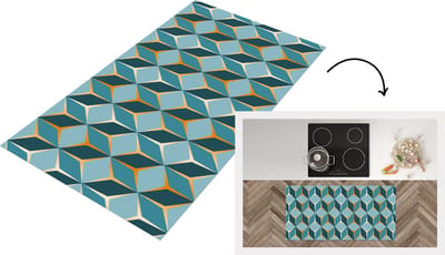 Keukenloper - Loper keuken - Goud - Blauw - Patroon - 120x60 cm - Keukenloper vinyl