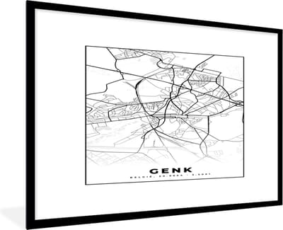 Fotolijst incl. Poster Zwart Wit- Stadskaart – Plattegrond – België – Zwart Wit – Genk – Kaart - 120x80 cm - Posterlijst