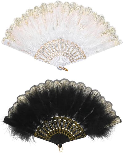 Allecto plus - Vintage stijl dames ventilatorveren set (2 stuks) - Opvouwbare draagbare verenventilator voor feestkostuum decoratie - Jaren 1920 thema