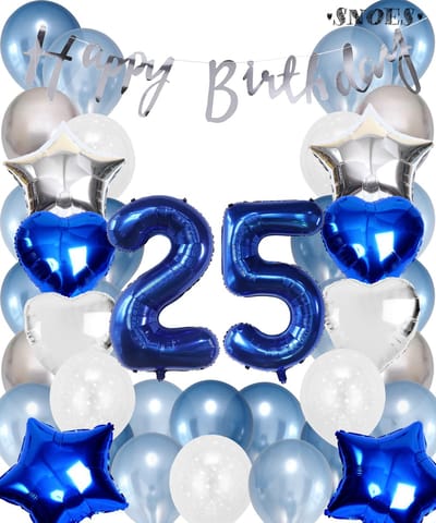 Snoes Ballonnen 25 Jaar Set Mega Blauw Zilver Ballon - Compleet Feestpakket Cijferballon 25 Jaar - Verjaardag Versiering Slinger Happy Birthday – Folieballon – Latex Ballonnen - Helium Ballonnen