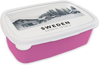 Broodtrommel Roze - Lunchbox - Brooddoos - Zweden - Sneeuw - Boom - Scandinavië - 18x12x6 cm - Kinderen - Meisje