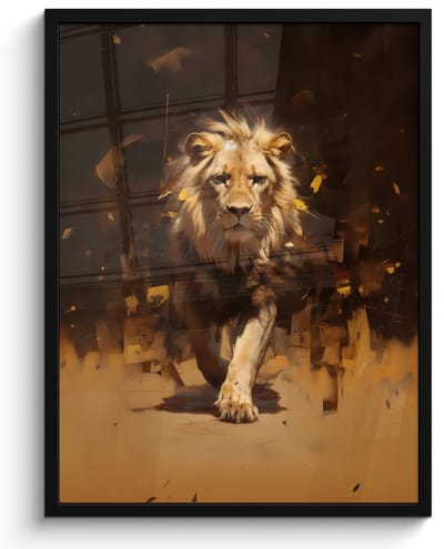Poster in lijst - Fotolijst 50x70 cm - Posters - Leeuw - Geschilderd - Abstract - Goud - Posterlijst zwart - Decoratie - Wanddecoratie woonkamer - Muurdecoratie slaapkamer