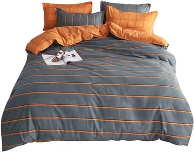 Dailygoods - Duvet Cover Set met Flat Sheet en 2 Kussenslopen - Grijs met Oranje Strepen