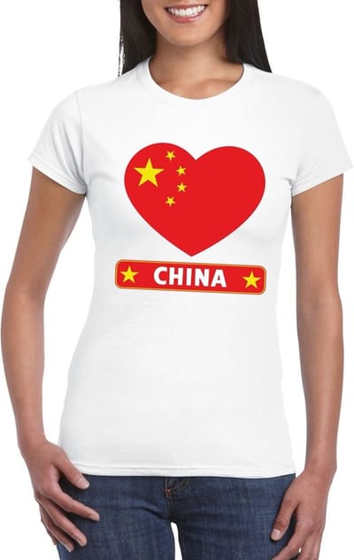 China t-shirt - met hartjes vlag print - wit - voor dames - korte mouwen - landen supporters S