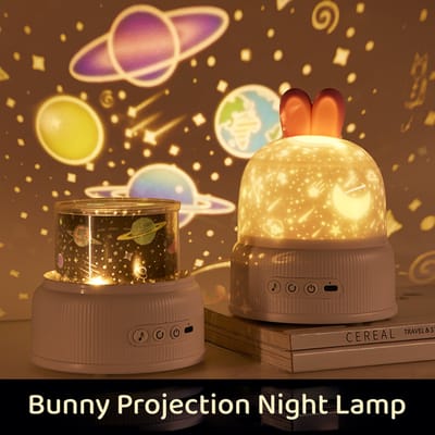 Konijn Galaxy Projector Nachtlamp – Kinderlamp met Muziek en Draaiende Projecties-Blauw