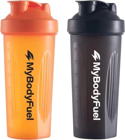 MyBodyFuel - Shakebeker - 700 ml - met mixfilter - Oranje en Zwart - Set van 2 - Proteïne Shaker - BPA-vrij