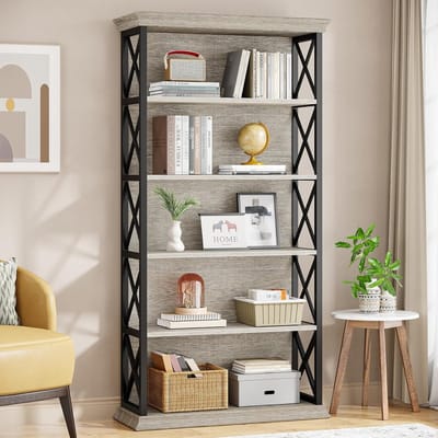 Tribesigns- Boekenrek - Boekenkast Industrieel - 5 Lagen - Hout/Metaal - Grijs en Zwart - 80 x 30 x 180cm - voor Woonkamer, Studeerkamer, Kantoor