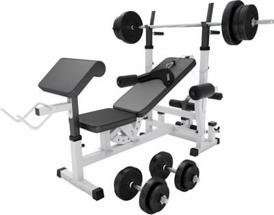 Gorilla Sports Universele Halterbank wit Met 70 kg Halterset Kunststof