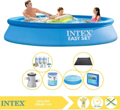 Intex Rond Opblaasbaar Easy Set Zwembad - 305 x 61 cm - Blauw - Inclusief Pomp - Solarzeil - Onderhoudspakket - Filter - Solar Mat - Vloertegels - 7-delig