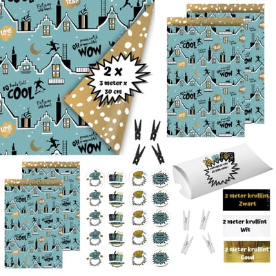 38-delige Sinterklaas Inpakset - Dubbelzijdig Inpakpapier Cadeaupapier - Blauw Groen Goud - Cadeauzakjes Stickers Krullint