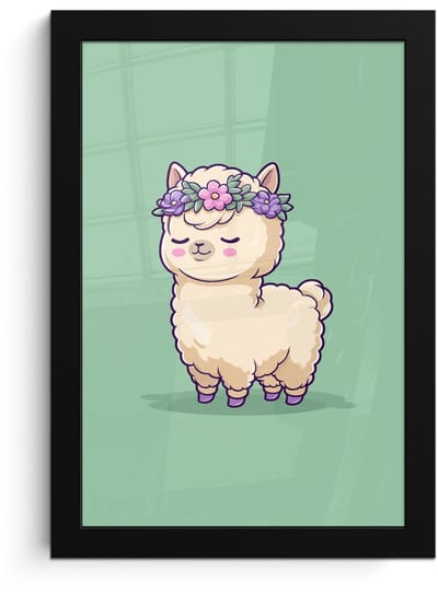 Poster in lijst - Fotolijst 20x30 cm - Posters - Alpaca - Groen - Bloemendiadeem - Posterlijst zwart - Decoratie - Wanddecoratie woonkamer - Muurdecoratie slaapkamer