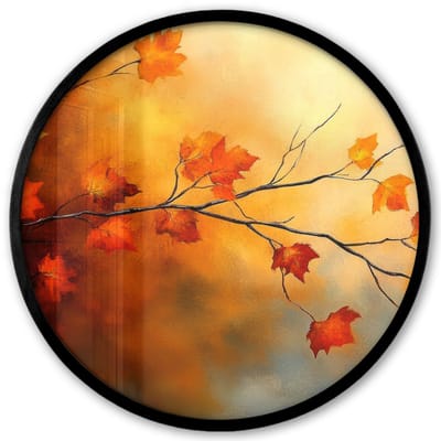 Poster in lijst Rond - Fotolijst 40x40 cm - Posters - Herfstbladeren - Oranje - Abstract - Herfsttakken - Natuur - Ronde posterlijst zwart - Decoratie - Wanddecoratie woonkamer - Muurdecoratie slaapkamer