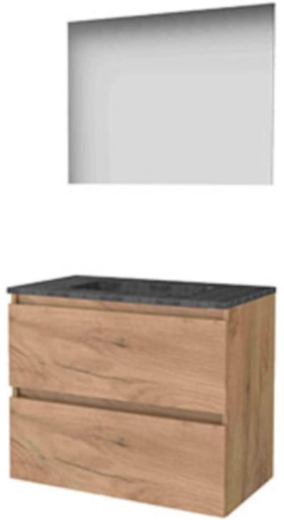 Basic-Line Ultimate 46 Badkamermeubelset - 80 x 46 cm - Greeploos - 2 Lades - Hardstenen Wastafel - 1 Kraangat - Spiegel met Indirecte LED Verlichting - Whisky Oak