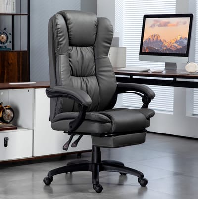 MEUNIQ bureaustoel met massagefunctie en voetsteun, verstelbare rugleuning tot 135°, hoofdsteun, kunstleer, draaibaar, 68,5 x 68,5 x 113-121 cm, donkergrijs