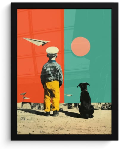 Poster in lijst - Fotolijst 30x40 cm - Posters - Retro - Jongen - Hond - Rood - Groen - Posterlijst zwart - Decoratie - Wanddecoratie woonkamer - Muurdecoratie slaapkamer