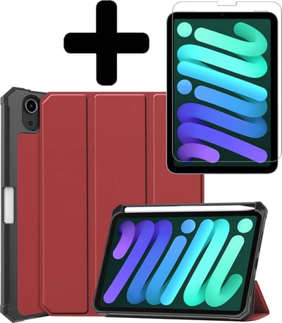 Hoes - Geschikt voor Apple iPad Mini 6 (2021) - 8.3 inch - 6e Generatie - Met Screenprotector - Trifold Bookcase - Hard Cover Case - Met Uitsparing Geschikt voor Apple Pencil - Hardcover Book - Tablet Hoesje - Donkerrood