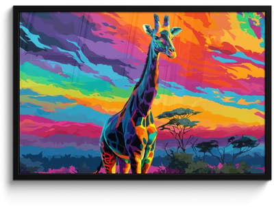Poster in lijst - Fotolijst 90x60 cm - Posters - Giraffe - Savanna - Lucht - Gekleurd - Posterlijst zwart - Decoratie - Wanddecoratie woonkamer - Muurdecoratie slaapkamer