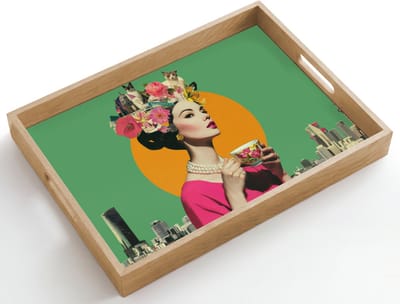 Dienblad hout 50x35 cm - Schootdienblad - Retro - Vrouw - Stad - Zon - Borrelplank rechthoek - Plateau dienbladen