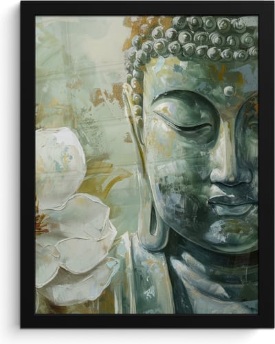 Poster in lijst - Fotolijst 30x40 cm - Posters - Boeddha - Groen - Lotusbloem - Wit - Posterlijst zwart - Decoratie - Wanddecoratie woonkamer - Muurdecoratie slaapkamer