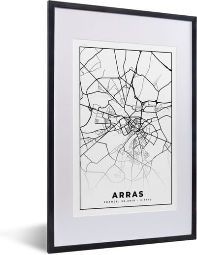 Fotolijst incl. Poster Zwart Wit- Arras - Stadskaart – Frankrijk – Kaart – Plattegrond - Zwart wit - 40x60 cm - Posterlijst