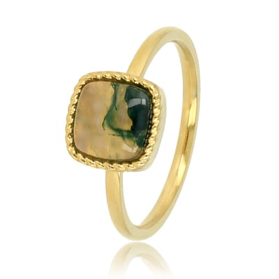 My Bendel - Goudkleurige Kleine Zegelring met Moss Agate Edelsteen - Goudkleurige Zegelring met Moss Agate Edelsteen - met Luxe Cadeauverpakking | Sieraden Voor Dames | Maat 16.00 Mm / Maat 50