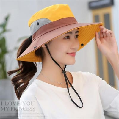 7 kleuren paardenstaart dames zomerzon emmerhoeden UV wandelen brede rand strand opvouwbare mesh vismuts adjustable size geel