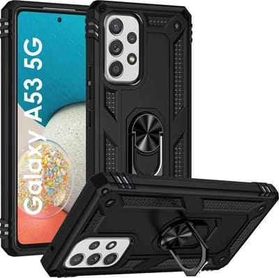Hoesje voor Samsung Galaxy A53 5G - Swart backcover Shockproof Robuuste schokbestendige beschermingsring 360 draaibare ring