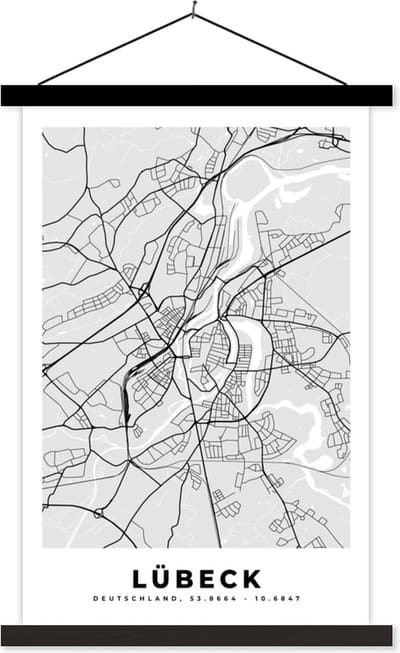 Posterhanger incl. Poster 40x60 cm - Schoolplaat - Stadskaart - Lübeck - Kaart - Duitsland - Plattegrond - Textielposter - Zwarte latten - Stadskaart