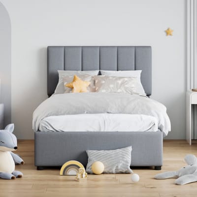 Gestoffeerd Kinderbed 90x200 cm, Hydraulisch Opbergbed met Huidvriendelijke Linnen Bekleding – Hoogkastbed, Grijs