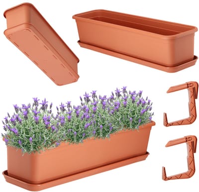 KADAX Bloembak 60 cm met onderstel en houder, terracotta, balkonbak van kunststof, plantenbak voor binnen en buiten, bloempot voor balkon
