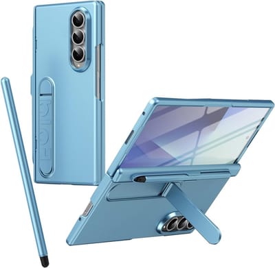 Folding Stand Case voor Galaxy Z Fold 4 met Ingebouwde Schermbeschermer en Penhouder, Hinge Bescherming, Lichtblauw Design