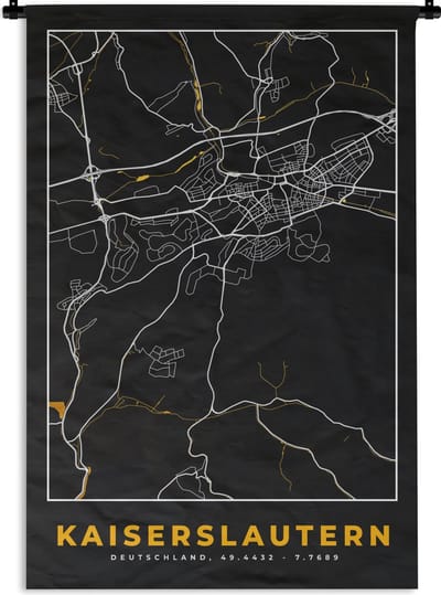 Wandkleed - Wanddoek - Kaiserslautern - Black and Gold - Stadskaart - Plattegrond - Kaart - Duitsland - 120x180 cm - Wandtapijt
