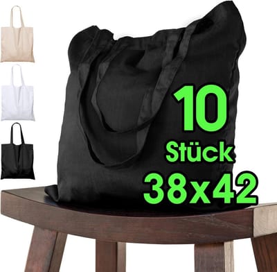 Katoenen tassen 38x42 cm - 10 stuks onbedrukt, duurzame boodschappentassen met lange hengsels