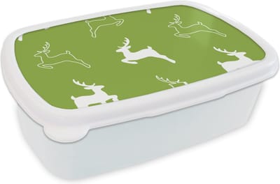Broodtrommel Wit - Lunchbox - Brooddoos - Hert - Groen - Patronen - 18x12x6 cm - Volwassenen