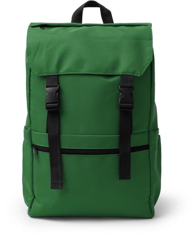 Groene Rugzak met flap gemaakt van 600D RPET. Flap met verstelbare sluitingen. Hoofdvak met binnenvak voor 15" laptop.