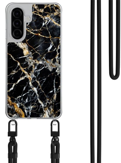 Hoesje met koord geschikt voor Samsung Galaxy A26 - Black marble elegance - Inclusief Zwart koord - Crossbody beschermhoes - Transparant, Zwart, Goud - Mooie Telefoonhoesjes