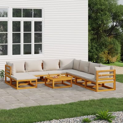 vidaXL - 9-delige - Loungeset - met - lichtgrijze - kussens - massief - hout